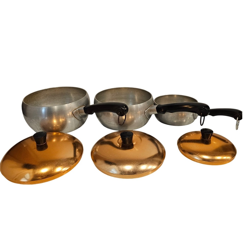 Vintage Wear-Ever Hallite Aluminum Saucepan Set with Copper Lids 3 Piece No 2301